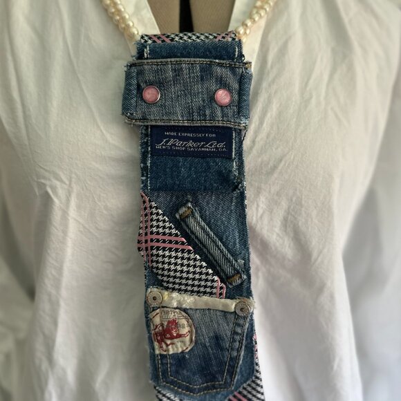 Upcycled Ladies Necktie silk Necktie Necklace - DENIM/PINK - Picture 3 of 6